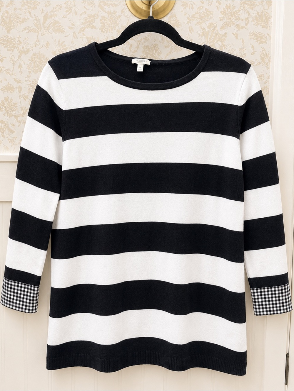 Talbots Black White Striped Gingham Cuff Sweater Medium